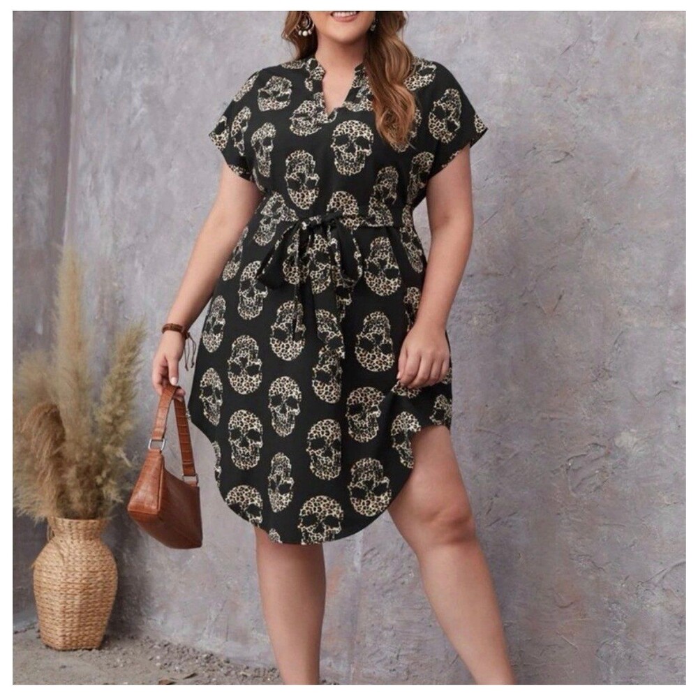Plus Size Skull Print U Hem Belted Dress 3X Emery Rose NWOT